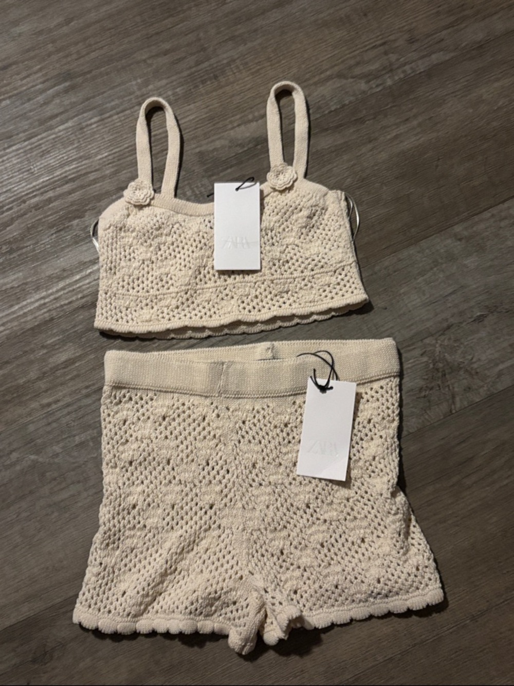 ZARA Cream Crochet Bralette & High-Waist Knit Shorts